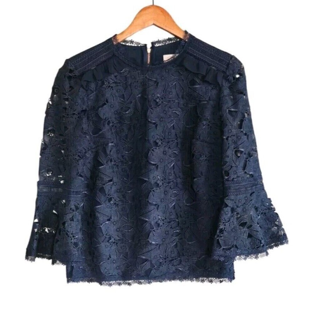 Ted Baker Blouse Women's Blue Fitted Lace Knit Top Bell Sleeve Size 1